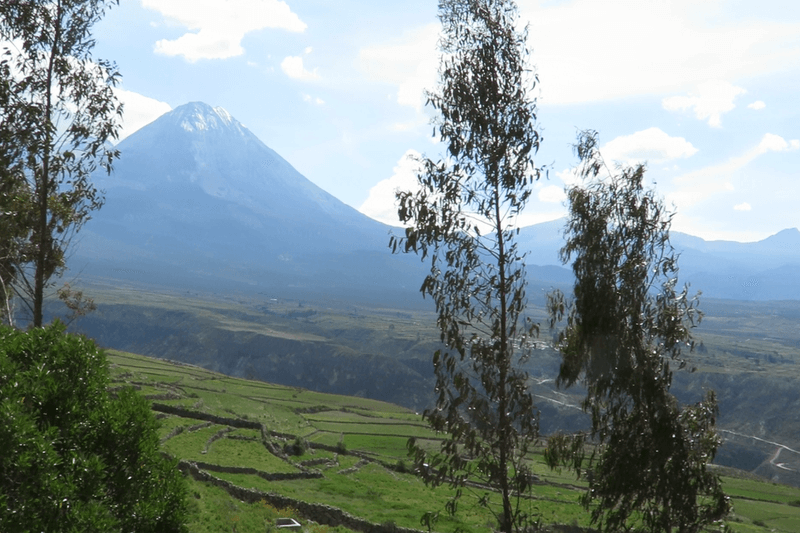 El volcán Yucamani se alza imponente en el camino hacia el bosque.