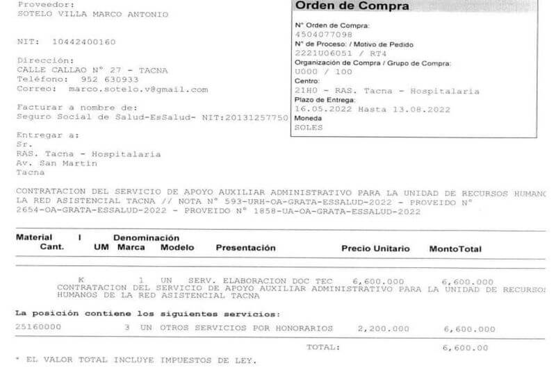 Con esta orden de compra se contrató los servicios de Marco Sotelo Villa.