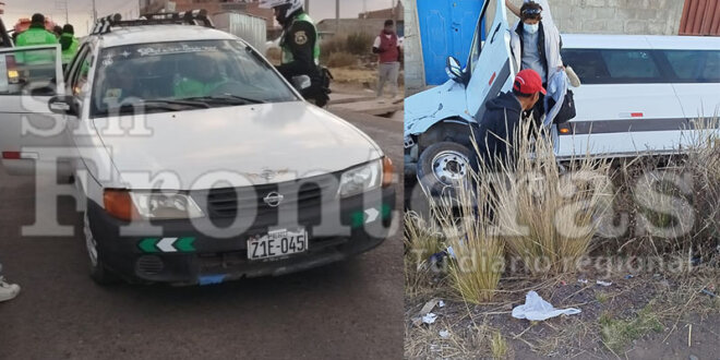 Miniván chocó con taxi y terminó recostado frente a una vivienda.