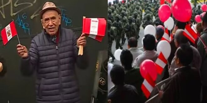 Adulto mayor elaboró banderas y las regaló a asistentes a la Gran Parada Militar.