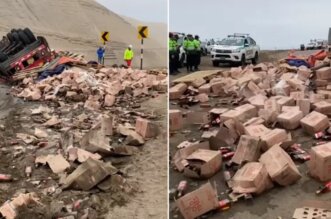 Tráiler con toneladas de whisky se vuelca en Pasamayo