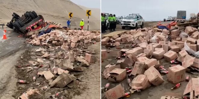 Tráiler con toneladas de whisky se vuelca en Pasamayo