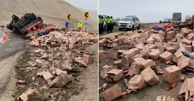 Tráiler con toneladas de whisky se vuelca en Pasamayo